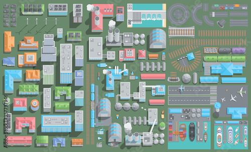 Set of landscape elements. City, manufacturing, energy, transport. Top view.
Houses, factories, power generators, road, railway, airport, port. (View from above)