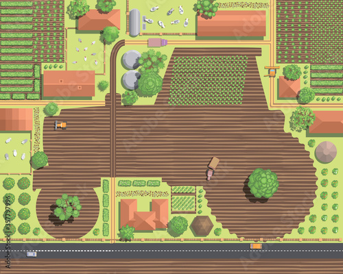 Vector illustration. Rural landscape with a farm. (Top view) The field in the form of a tractor. Fields, houses, buildings, roads, trees, bushes. (View from above) 