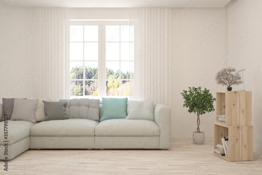 Fototapeta premium White living room with sofa. Scandinavian interior design. 3D illustration
