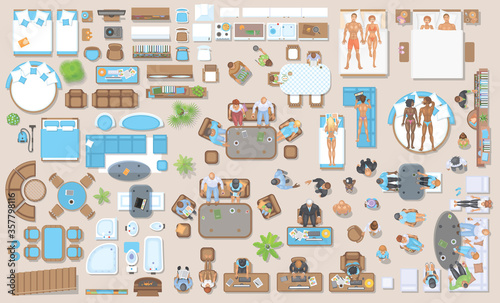 Vector set. Furniture and the people in the interior. Top view.
People in different poses and furniture for bedroom, living room, study, kitchen, toilet.  View from above.