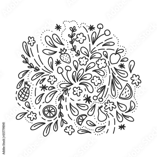 Cute doodle ornament of hand drawn fruits, berries and floral elements. Vector decorative black and white contour illustration.