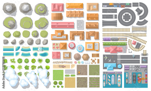 Set of landscape elements. Nature, city, village, transportation. (Top view) Mountains, hills, fields, trees, houses, buildings, railroad, road, port, airport. (View from above)