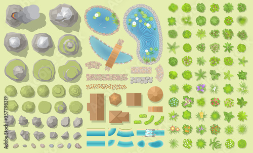 Set of park elements. (Top view) Collection for landscape design, plan, maps. (View from above)