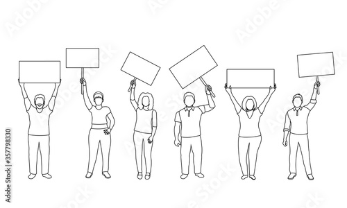 men and women hold blank posters in their hands, activists. outline vector illustration