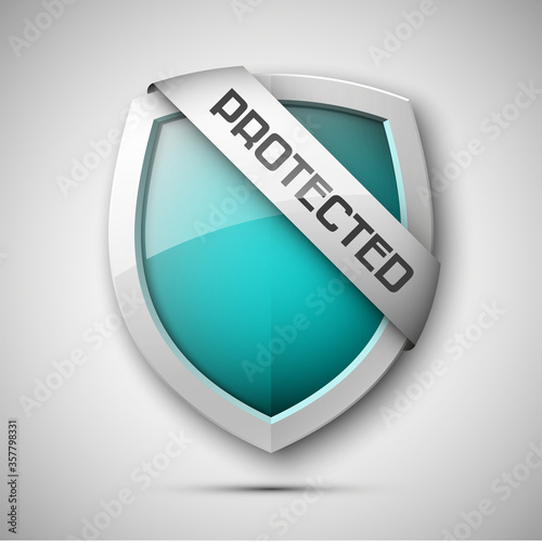 Protected ribbon shield concept with banner. Safety badge icon. Privacy banner tape. Security band protected label. Defense tag. Presentation sticker shape. Defense sign illustration