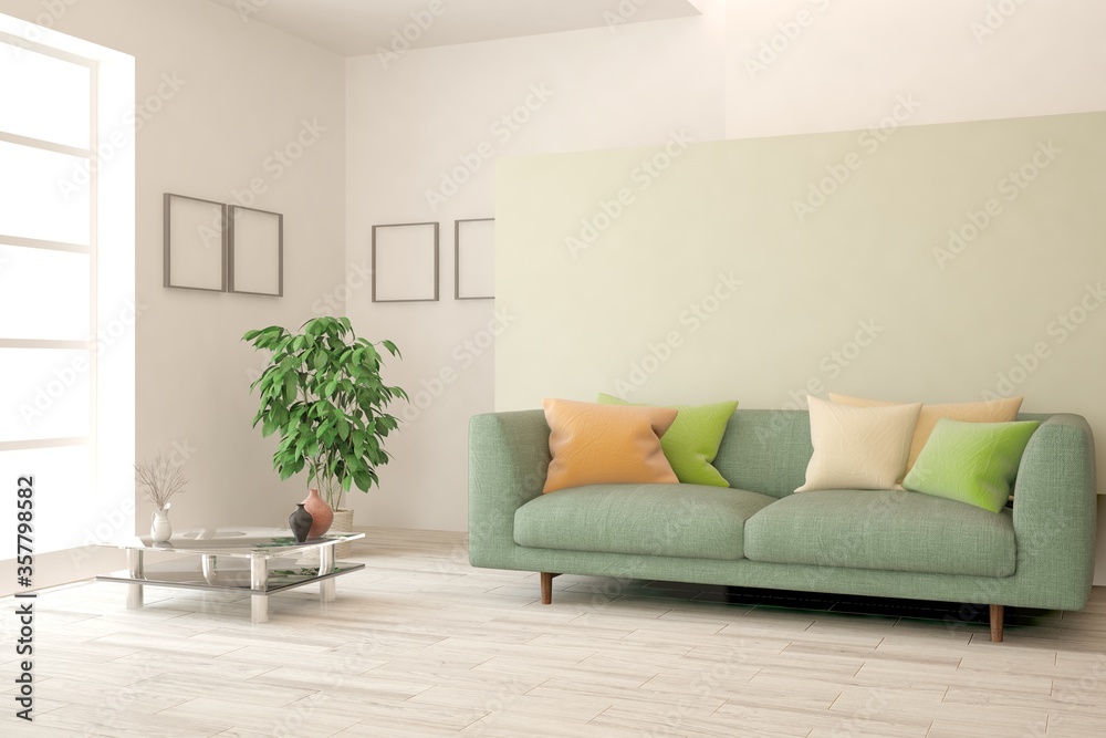 Fototapeta premium White living room with sofa. Scandinavian interior design. 3D illustration
