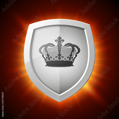 Protection shield with crown concept icon. Safety badge with corona. Privacy diadem banner. Security label. Defense tag. Presentation sticker shape. illustration