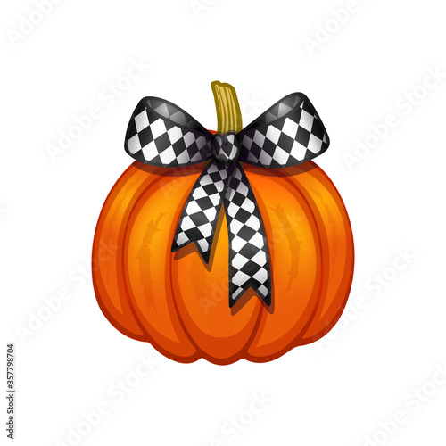 Shiny orange pumpkin with a black-and-white checkered bow close-up. Halloween, autumn decorations. Vector illustration on a white background. photo