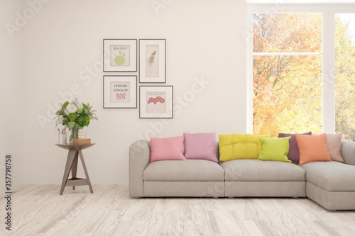 White living room with colorful sofa. Scandinavian interior design. 3D illustration