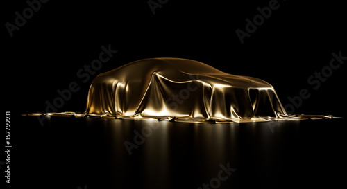Presentation of a car under shiny gold cloth. Vehicle covered by smooth fabric sheet. Isolated on a black background with studio lighting. Realistic 3d Illustration.