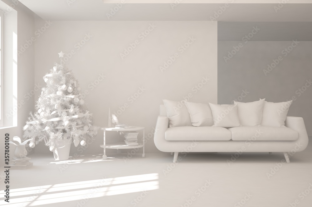 Winter new year interior of living room with sofa. Scandinavian design. 3D illustration