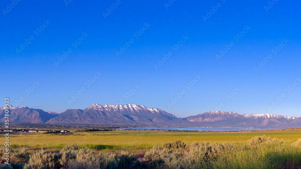 Panorama crop Utah valley panorama with mountain range day light Panorama crop Utah valley panorama with mountain range day light