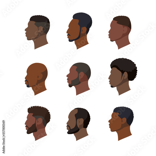 Set of illustrations of black race male profiles. Vector portraits of men in a flat style. African avatars on a white background.