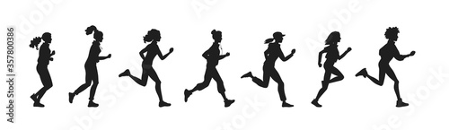 Vector illustration black silhouette beautiful athletic girls of various nationalities run and jog in white background.
