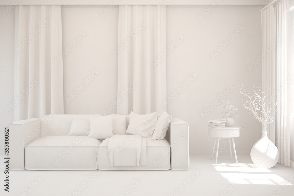 Fototapeta premium Grey living room with sofa. Scandinavian interior design. 3D illustration