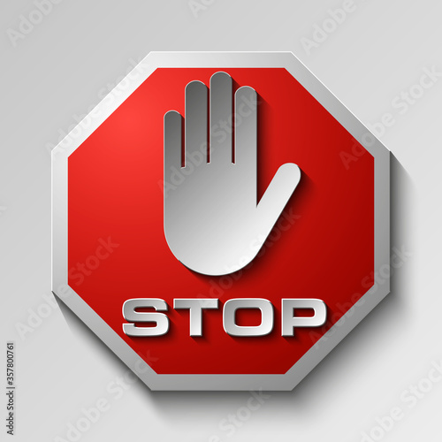 STOP, No entry, hand, road sign on red background