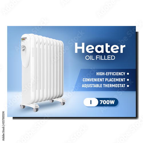 Heater Oil Filled Appliance Promo Banner Vector. Electrical Heater With Manual Thermostat And Light Indicator On Creative Promotional Marketing Poster. Color Concept Template Illustration