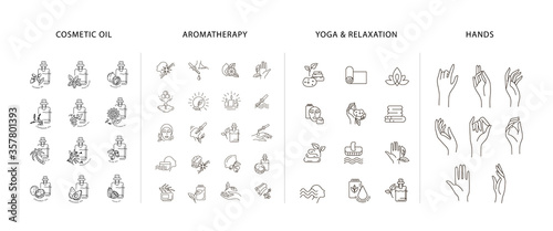 Vector icon and logo collection for natural cosmetics oil care dry skin, aromatherapy, yoga or relaxation and hands symbol. Editable outline stroke size