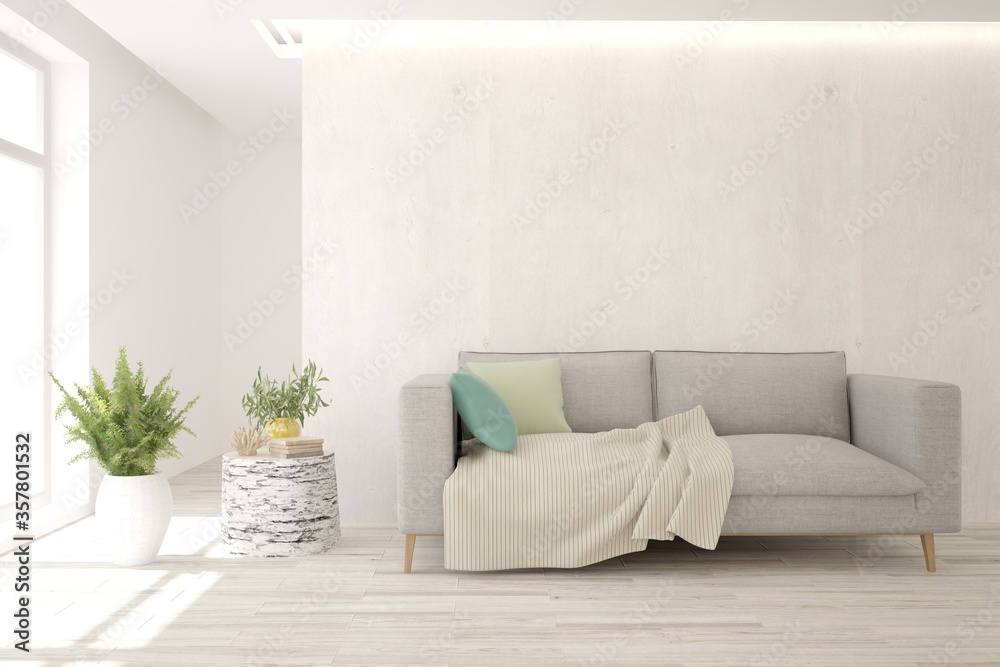 White living room with sofa. Scandinavian interior design. 3D illustration White living room with sofa. Scandinavian interior design. 3D illustration