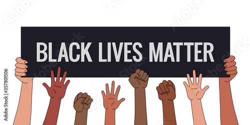 Black lives matters ,rally activism, meeting, social poster, banner. stop racism police violence. I can't breathe, Flat vector illustration, long banner, stop racism, many multinational hands