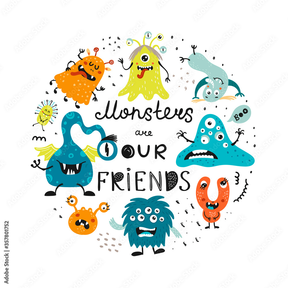 Childish round poster with cute monsters.