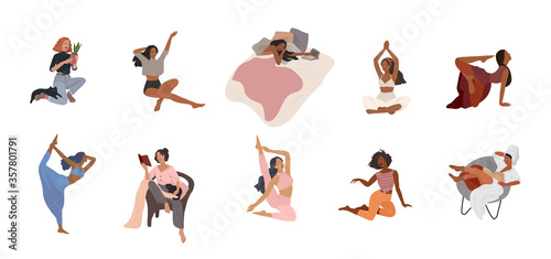Set of beautiful girl character in daily life scenes. Young woman shopping, makes up, sleeping, relaxes, takes a bath, chooses clothes, drinking coffee. Flat cartoon vector