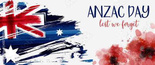 Anzac Day banner with grunge watercolor Australia flag and two red poppy flowers. Remembrance symbol. Lest we forget.