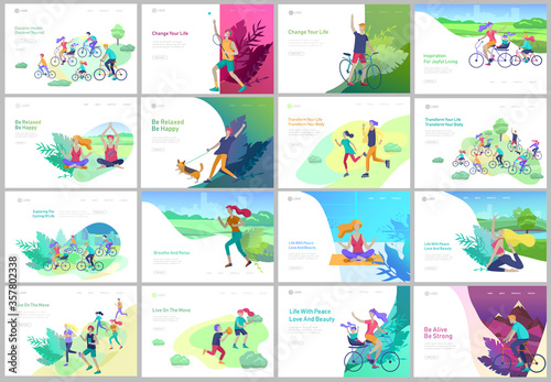 Landing page template with running man, play tennis, children riding bicycles, man doing yoga. People performing sports outdoor activities at park or Nature, healty life style. Cartoon