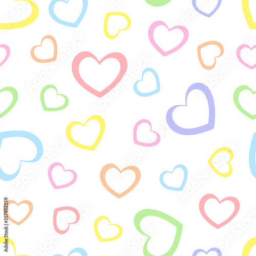 Rainbow seamless hearts pattern, vector illustration. Geometric colorful pattern. Kids pastel rainbow geometric seamless ornament from hearts on white background