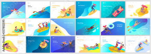 People family and children in sea, pool or ocean performing activities. Men or women swimming in swimwear, diving, surfing, lying on floating air mattress, playing ball. Cartoon vector