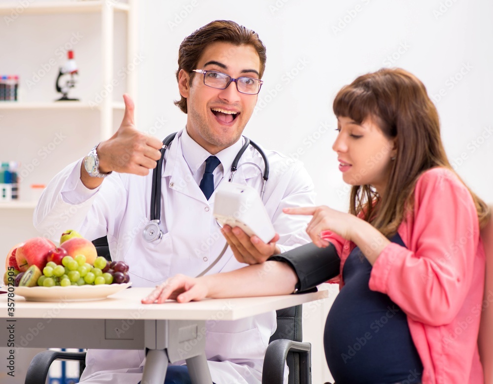 Fototapeta premium Pregnant woman visiting doctor discussing healthy diet