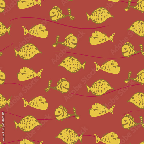 Yellow fish seamless vector pattern on rusty background. Sealife surface print design. For fabrics  textiles  stationery  and packaging.