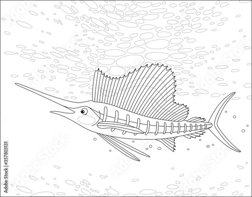 Large marine swordfish swimming in a deep tropical sea, black and white outline vector cartoon illustration for a coloring book page