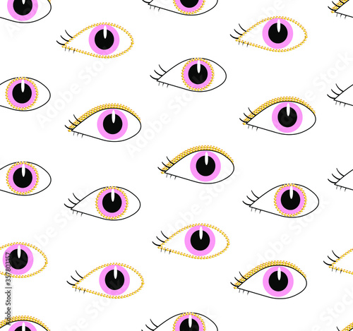 Beautiful pink eyes with golden stroke seamless pattern.