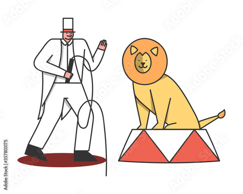 Circus lion with tamer man. Trainer train wild cat with whip for performance