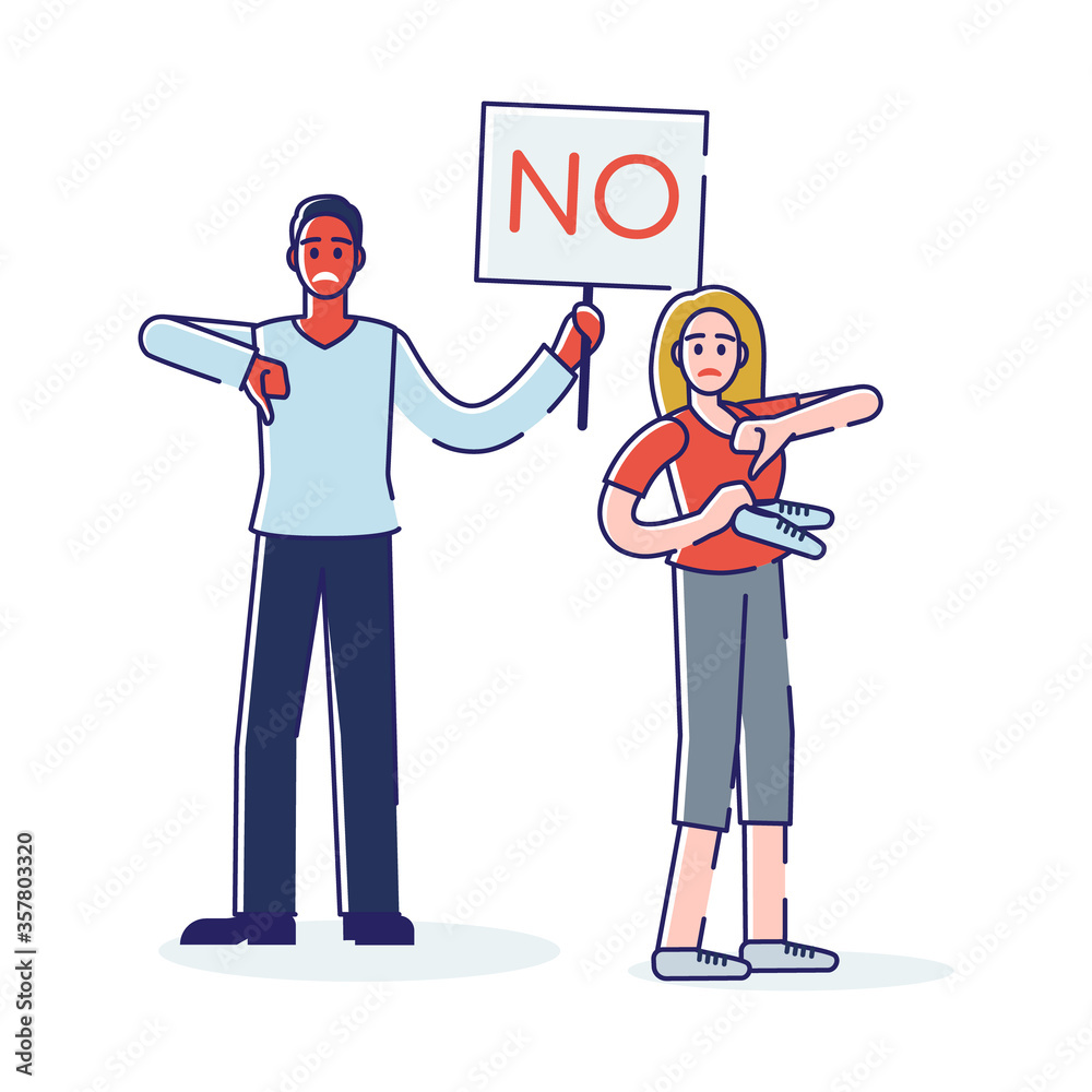 People with NO signboard and thumbs down. Negative feedback or social protest concept People with NO signboard and thumbs down. Negative feedback or social protest concept