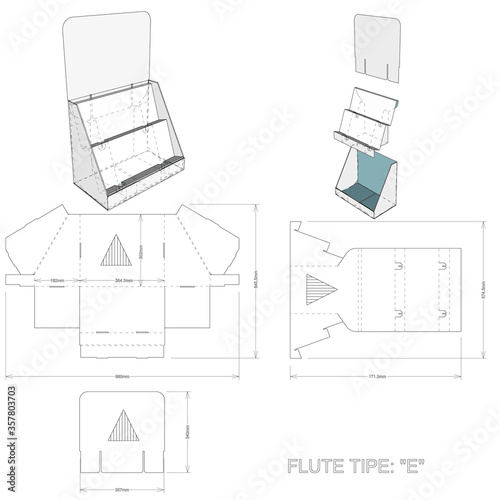 Counter display stand and Die-cut Pattern. The .eps file is full scale and fully functional. Prepared for real cardboard production.