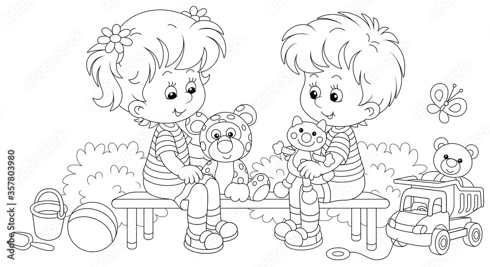 Cheerful small children sitting on a bench, talking and playing with their funny toys on a summer playground in a park, black and white outline vector cartoon illustration for a coloring book page