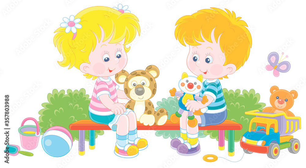 Cheerful small children sitting on a bench, talking and playing with their funny colorful toys on a summer playground in a park, vector cartoon illustration on a white background Cheerful small children sitting on a bench, talking and playing with their funny colorful toys on a summer playground in a park, vector cartoon illustration on a white background