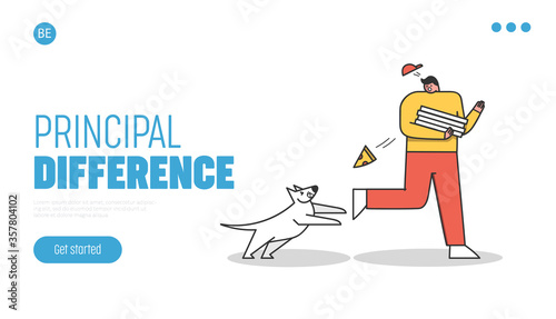 Landing page with barking homeless dog attack pizza delivery man. Dog control and handler service