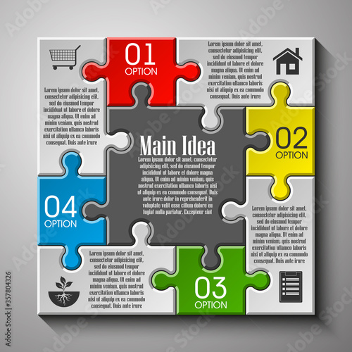 Four sided 3d puzzle presentation infographic template with explanatory text field for business statistics