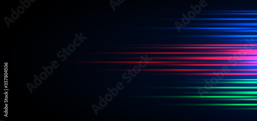 Abstract speed blue, green,red light horizontal movement pattern motion blur on black background
