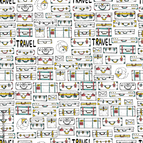 Travel bags and planes. Seamless print pattern.