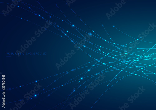 Abstract blue laser line curved with sparkle lighting on dark blue space background. Digital technology futuristic concept