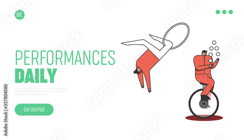 Circus performance landing page. Cartoon juggler and acrobat making tricks