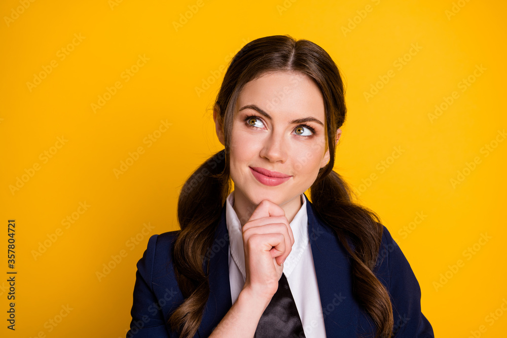 Close-up portrait of her she nice attractive pretty lovely creative cheery dreamy schoolgirl creating strategy learning memorize isolated on bright vivid shine vibrant yellow color background Close-up portrait of her she nice attractive pretty lovely creative cheery dreamy schoolgirl creating strategy learning memorize isolated on bright vivid shine vibrant yellow color background
