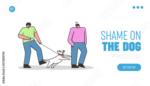Dog danger landing page. Angry dog on leash attack man during walk with owner