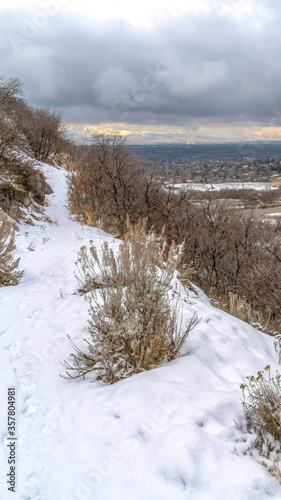 Vertical frame Snowy Provo Canyon mountain in winter overlooking the valley and overcast sky