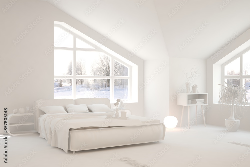 Fototapeta premium White bedroom interior. Scandinavian design. 3D illustration