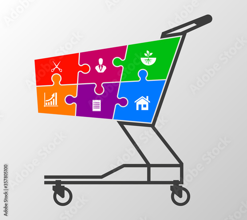 Shopping concept puzzles with a cart filled with icons. Illustration